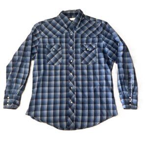 Wrangler Shirt Mens Large Blue Plaid Western Pearl Snap Cowboy Long Sleeve Read